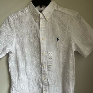 Polo Ralph Lauren Boys Size L 14/16 White Seersucker Shirt Blue Pony Graduation